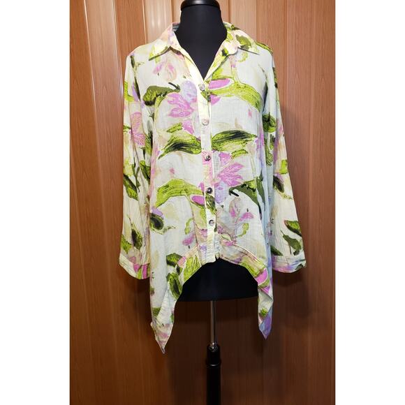 Color Me Cotton medium Cotton yellow floral print button-up blouse - Picture 1 of 5